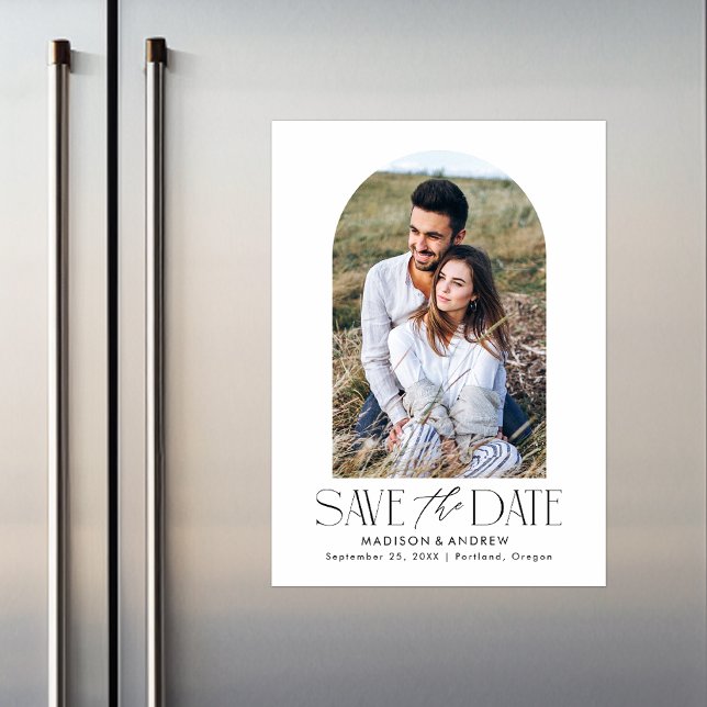 White | Simple Modern Arch Photo Save the Date Magnetic Invitation (Creator Uploaded)