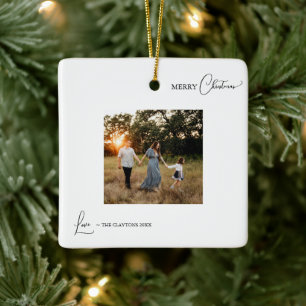 White Simple Modern Photo Merry Christmas Ceramic Ornament