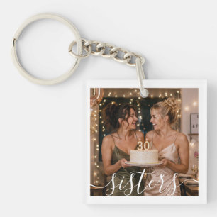 White Sisters Script Modern Trendy 2 Photo Square Key Ring