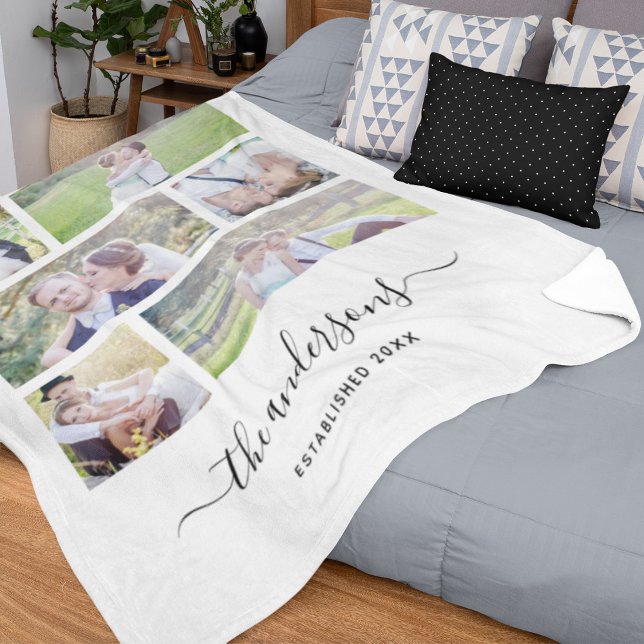 White Six Photo Collage Family Name Calligraphy Fleece Blanket (Creator Uploaded)