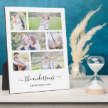 White Six Photo Collage Family Name Calligraphy Plaque<br><div class="desc">Photo Plaque with 6 photos arranged in a grid layout. You can also add your family name in a stylish calligraphy font and the year established. Perfect for wedding gifts, family keepsakes, etc. Personalise this by replacing the placeholder text in the template to add your information and replace the sample/placeholder...</div>
