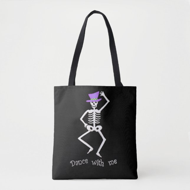 White Skeleton Bones Dance Halloween Black Tote Bag (Front)