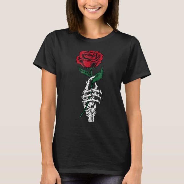 White Skeleton Hand Holding Rose Flower Funny Vale T-Shirt (Front)