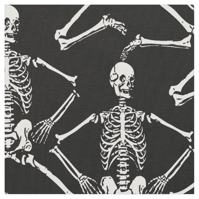 White Skeletons Dancing on a Black Background Fabric (Close Up)