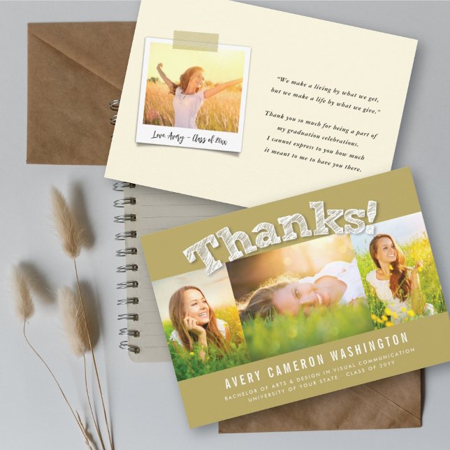 White Sketched Thanks 3 Photo Modern Graduation Announcement (Creator Uploaded)