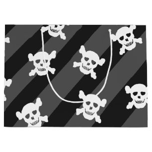 White Skull and Crossbones on Black Stripes Large Gift Bag
