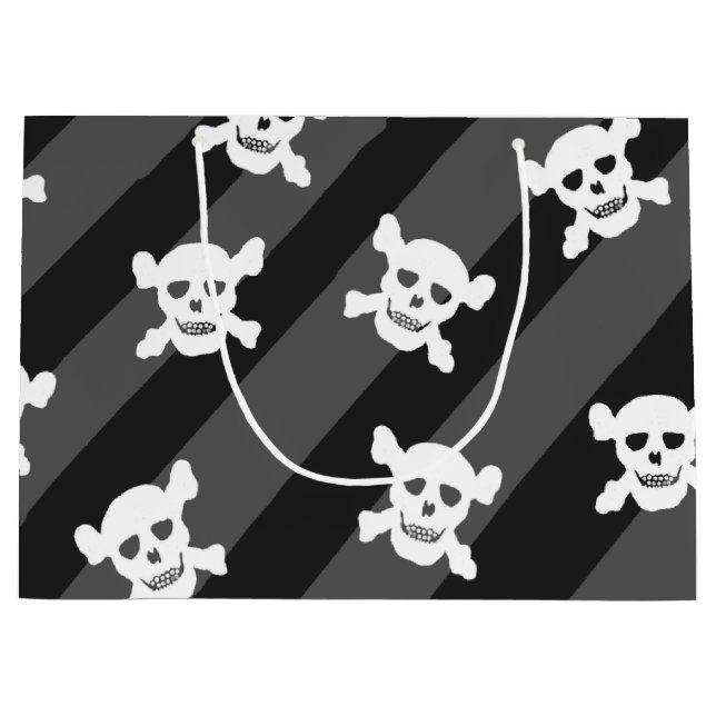 White Skull and Crossbones on Black Stripes Large Gift Bag (Front)