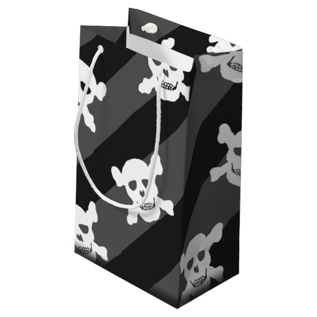 White Skull and Crossbones on Black Stripes Small Gift Bag (Back Angled)