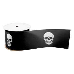 White Skull Head On Black Simple Modern Halloween Satin Ribbon