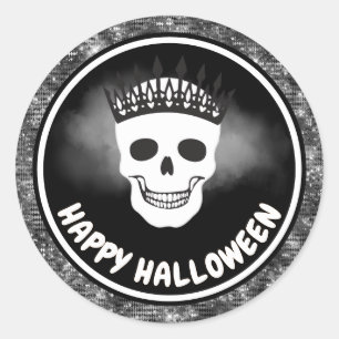 White Skull Queen & Black Glitter Halloween Classic Round Sticker