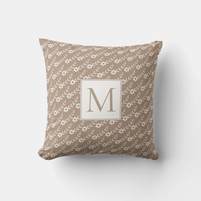 White small flowers and monogram rustic cushion (Front)