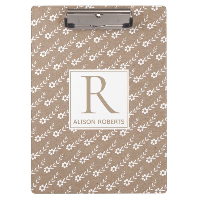 White small flowers pattern and monogram rustic clipboard (Front)