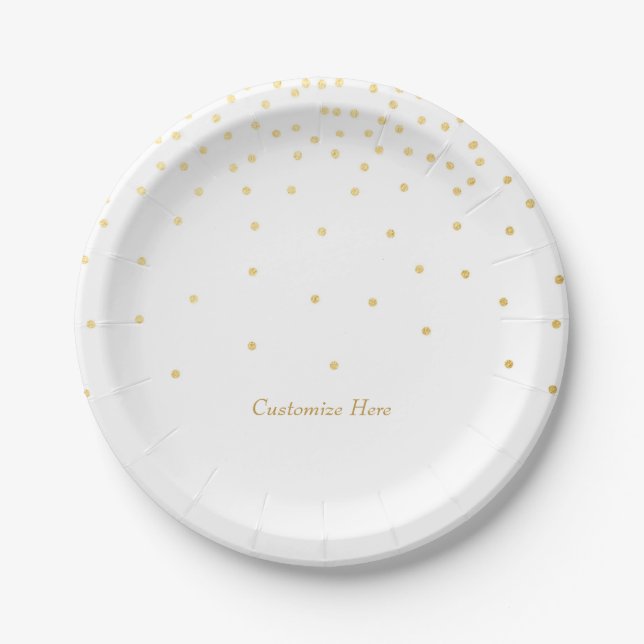 White & Small Gold Foil Confetti Dots Party Plates (Front)