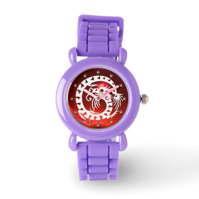 WHITE SNAKE DRAGON Black ,Red Ruby,Pink Gemstones Watch (Front)