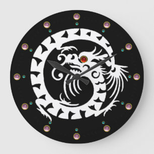 WHITE SNAKE DRAGON IN BLACK ,PINK GEMSTONES LARGE CLOCK