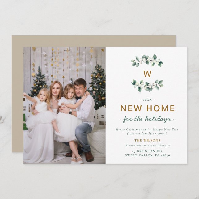 White Snow Berries Moving Family Monogram Photo Holiday Card (Front/Back)