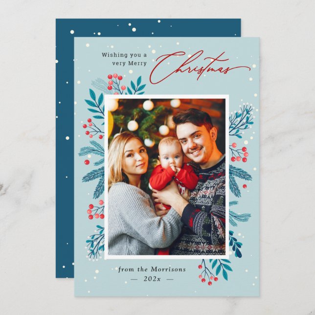 White Snow Christmas Floral Pine Leaves Photo Holiday Card (Front/Back)