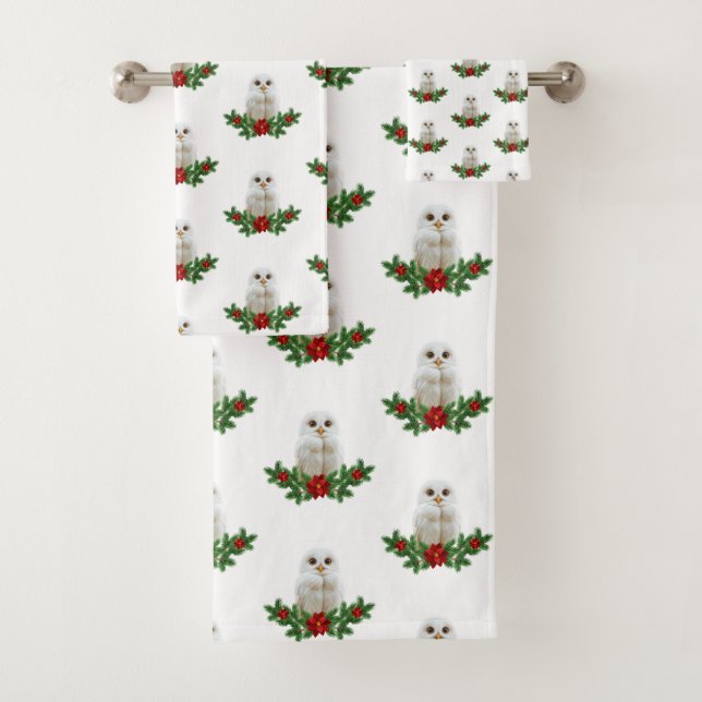 White Snow Christmas Owl Bath Towel Set (Insitu)