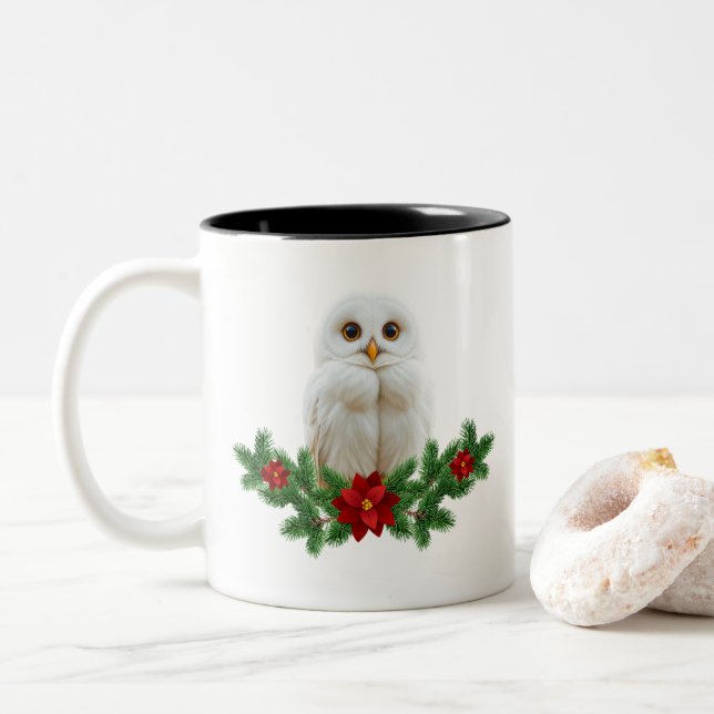 White Snow Christmas Owl Two-Tone Coffee Mug (With Donut)
