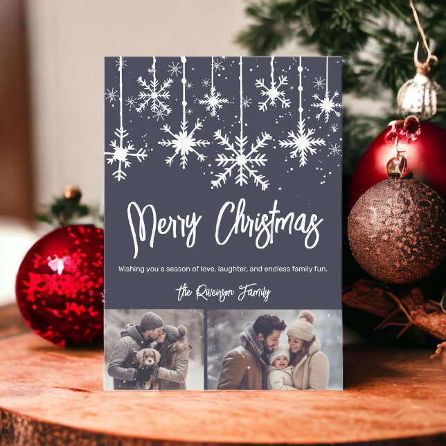 White snow elegant blue merry christmas 2 photos holiday card (White snow elegant blue merry christmas 2 photos holiday card)