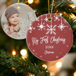 White snow elegant red my first christmas photo ceramic ornament<br><div class="desc">Celebrate your baby first Christmas with this modern white snow and hanging snowflakes in white elegant christmas season ornament on red. Add your baby's photo.</div>
