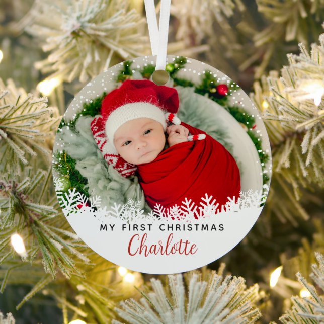 White Snow First Christmas Red Plaid Photo Metal Tree Decoration (Insitu)