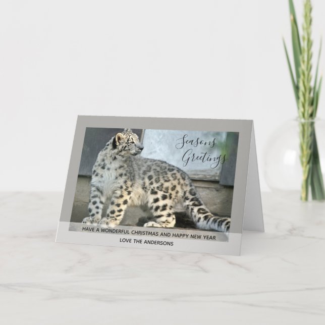 White Snow Leopard Christmas Photo Personalised Holiday Card (Front)