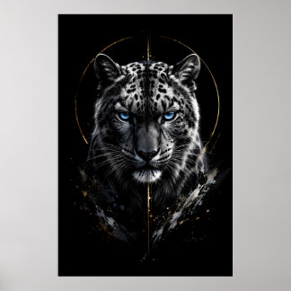 White Snow Leopard Portrait | Blue Eyes | Black Go Poster