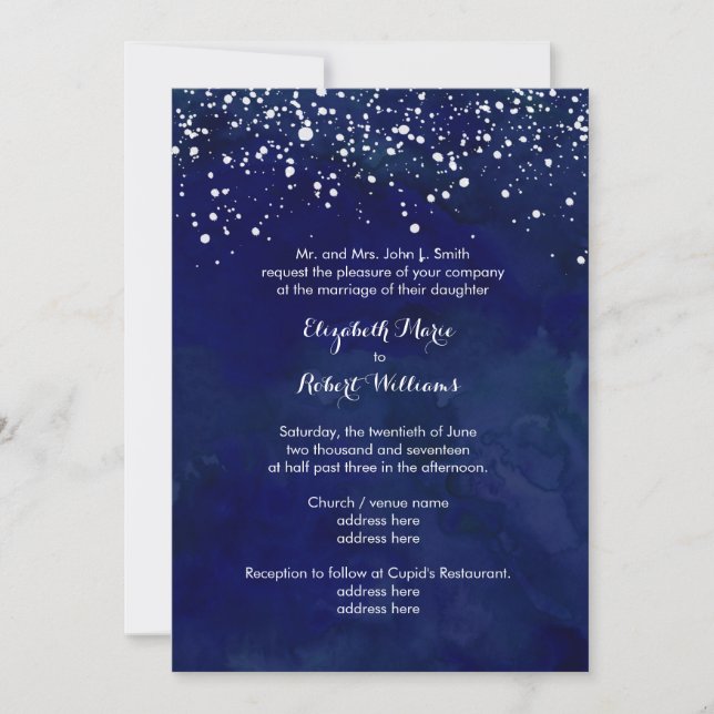 White Snow on Navy Blue Winter Wedding Invitation (Front)