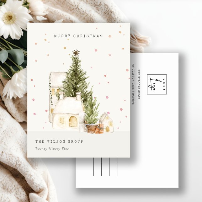 White Snow Tree Houses Logo Christmas Greetings Holiday Postcard (Creator Uploaded)