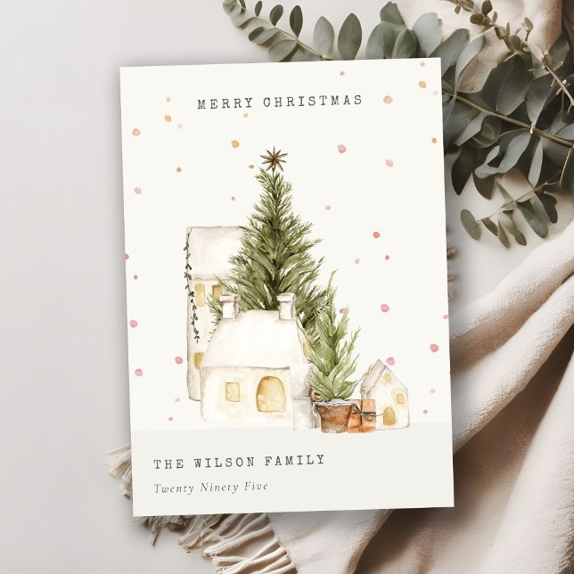 White Snow Tree Houses Merry Christmas Greetings Holiday Card (Creator Uploaded)