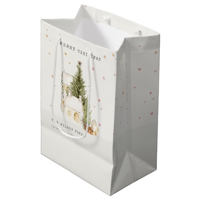 White Snow Tree Houses Merry Christmas Greetings Medium Gift Bag (Front Angled)