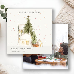 White Snow Tree Houses Photo Christmas Greetings Holiday Card