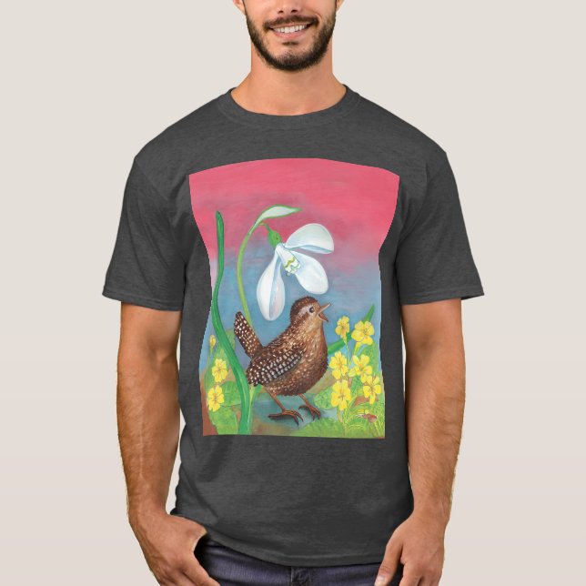 White Snowdrop Wren Bird in Spring Illustration fu T-Shirt (Front)