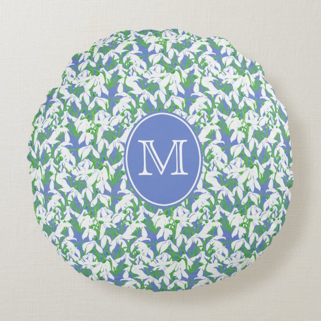 White Snowdrops Monogrammed on Powder Blue Round Cushion (Front)