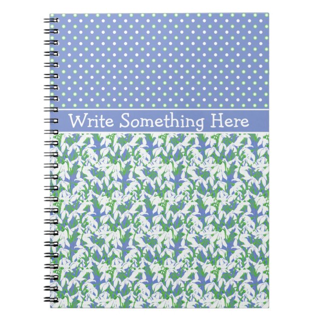 White Snowdrops Pattern and Polka Dots on Blue Notebook (Front)