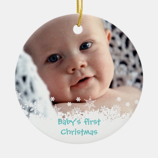 White snowflake blue gingerbread kid custom photo ceramic ornament (Front)