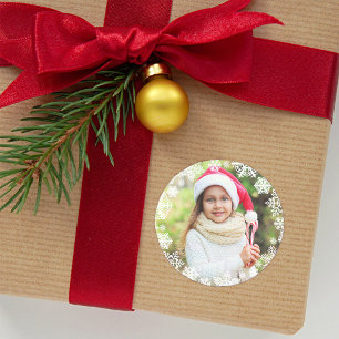 White Snowflake Border Holiday Photo Classic Round Sticker