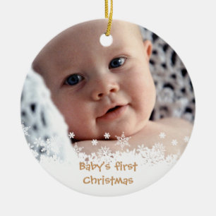 White snowflake brown gingerbread kid custom photo ceramic ornament