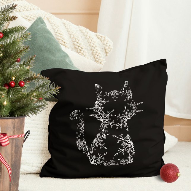White Snowflake Cat Silhouette Cushion (White Snowflake Cat Silhouette Throw Pillow)