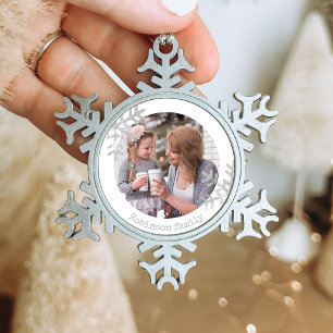 White Snowflake Custom Photo Monogram Pewter Christmas Ornament