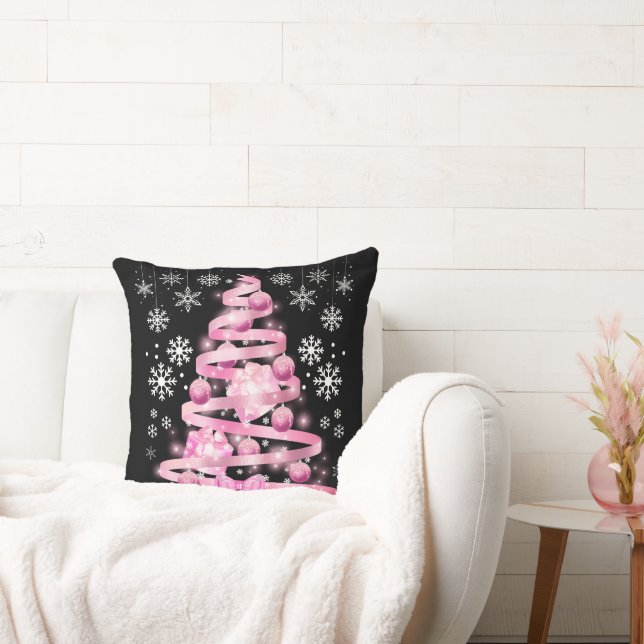 White Snowflake Light Pink Ribbon Christmas Tree   Cushion (Couch)