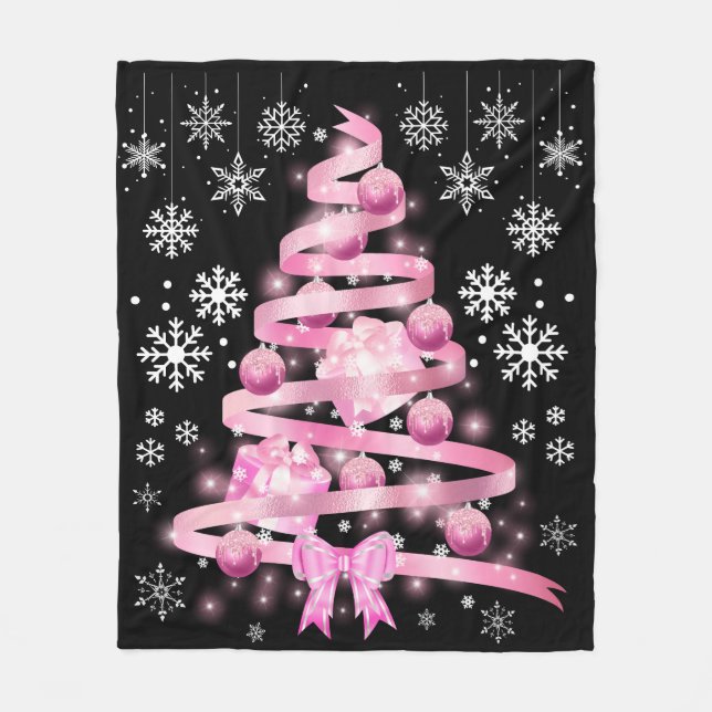 White Snowflake Light Pink Ribbon Christmas Tree Fleece Blanket (Front)