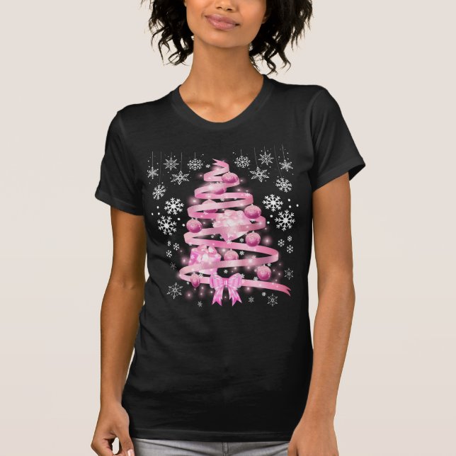 White Snowflake Light Pink Ribbon Christmas Tree   T-Shirt (Front)