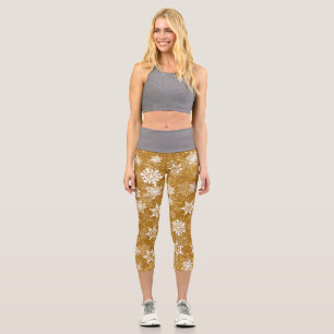 White Snowflake Luxurious Yellow Elegant Christmas Capri Leggings
