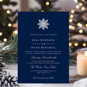 White Snowflake Navy Blue Winter Formal Wedding  Invitation