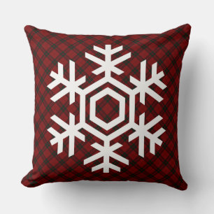 White Snowflake on a classic red tartan pattern Cushion