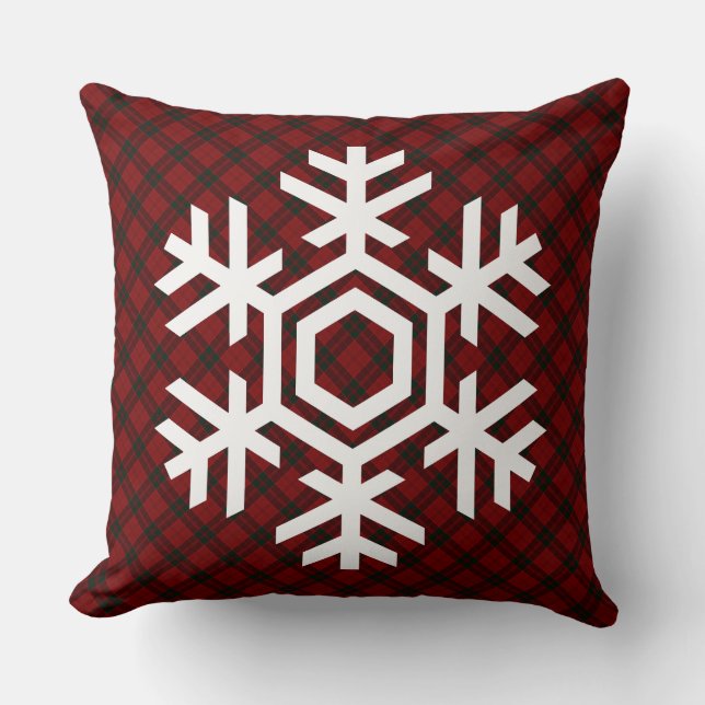 White Snowflake on a classic red tartan pattern Cushion (Front)