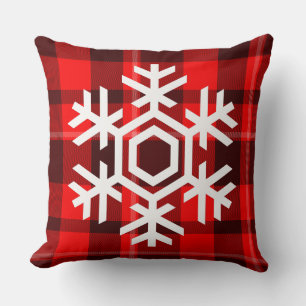 White Snowflake on a classic red tartan pattern Cushion