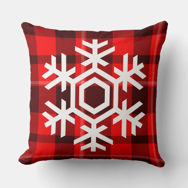 White Snowflake on a classic red tartan pattern Cushion (Front)